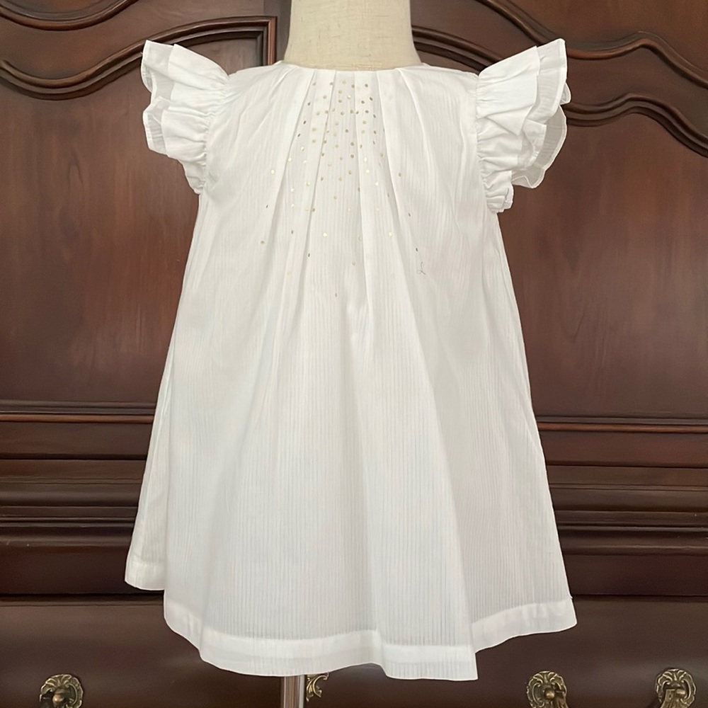 Lili Gaufrette Girls 18M White Gold Dot Flutter Sleeve Dress French Designer